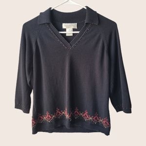 Vtg Susan Bristol Beaded Floral Embroidered 3/4 Sleeve Collared Top Size Medium